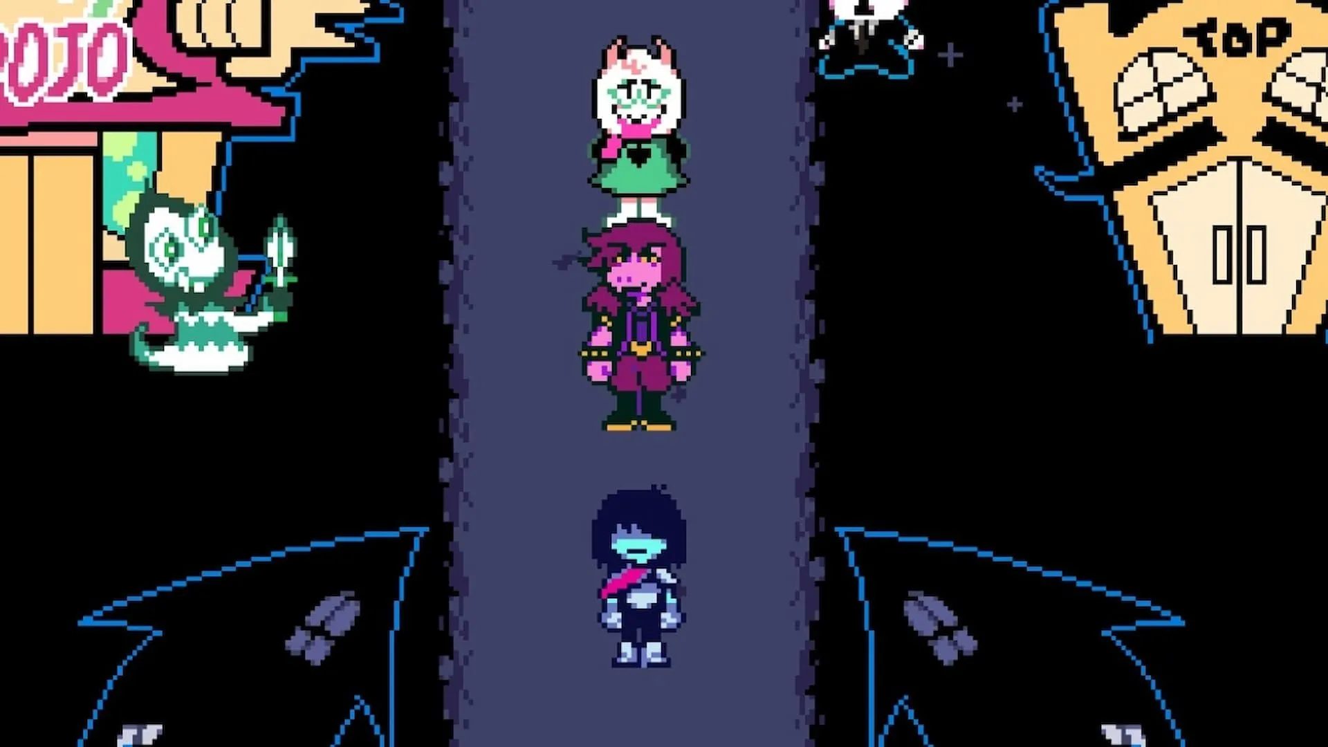 Dàn nhân vật chính Kris, Ralsei và Susie của Deltarune trong một khung cảnh quen thuộc của Dark World