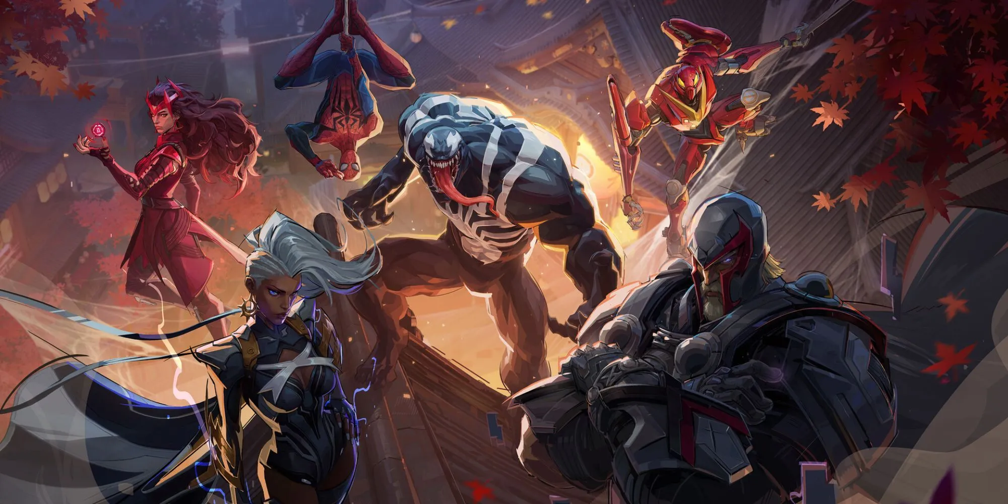 Dàn nhân vật Marvel Rivals gồm Storm, Venom, Spider-Man và Scarlet Witch đang chiến đấu