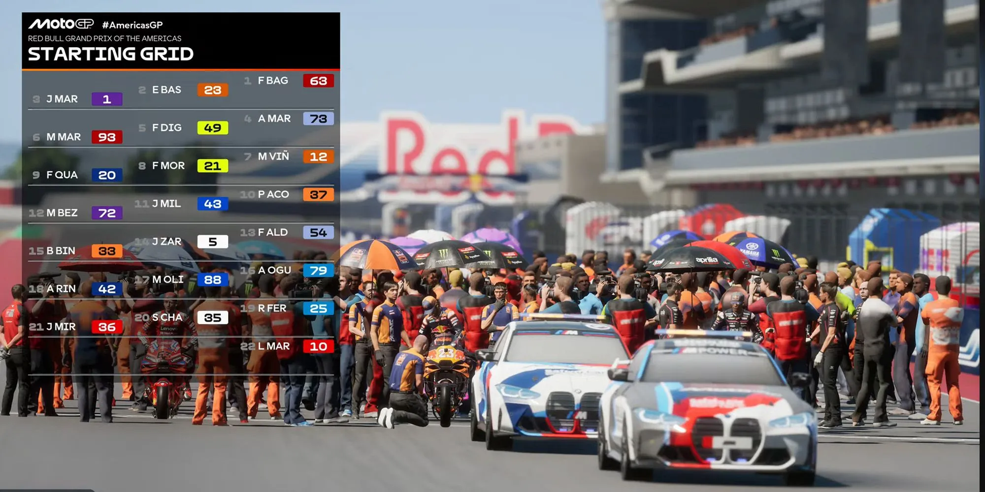 Dàn xe MotoGP 25 chuẩn bị xuất phát trên đường đua, cho thấy góc nhìn tổng quan và không khí căng thẳng trước cuộc đua.