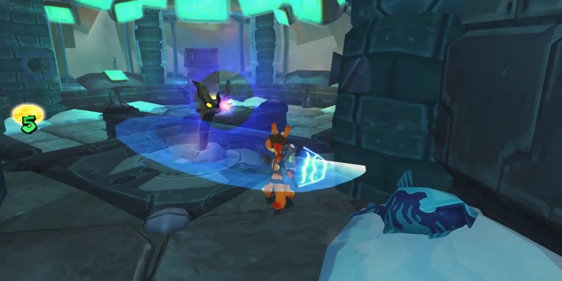Daxter dùng vợt tấn công Bọ Kim Loại trong game Daxter