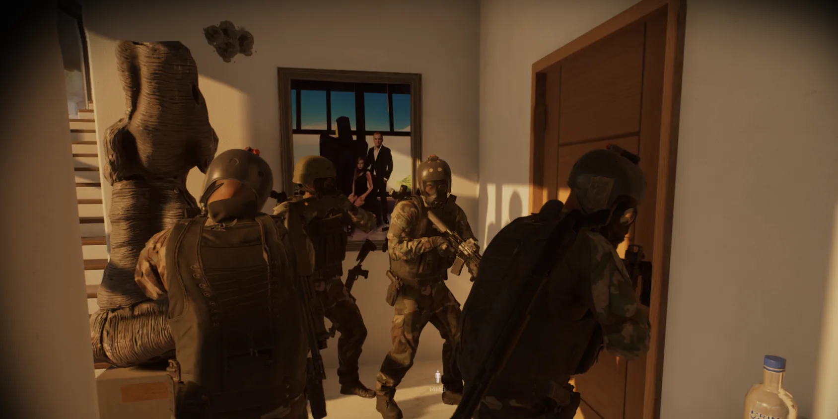 Đội SWAT trong Ready Or Not thận trọng tiến vào một căn phòng tối tăm
