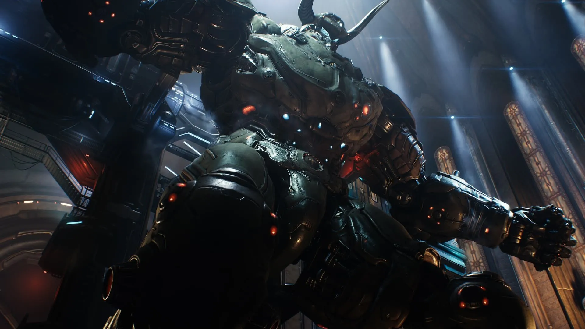 Doom Slayer điều khiển cỗ máy Atlan khổng lồ trong thế giới trung cổ của Doom: The Dark Ages