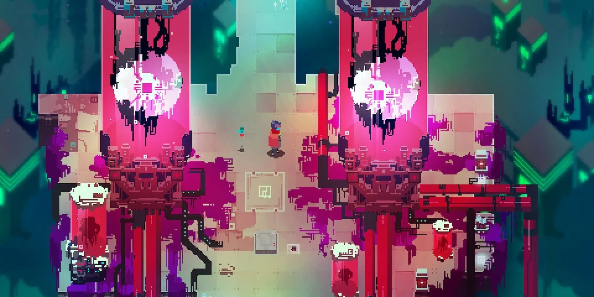 Drifter đứng trên nền tảng nổi giữa thế giới neon của Hyper Light Drifter
