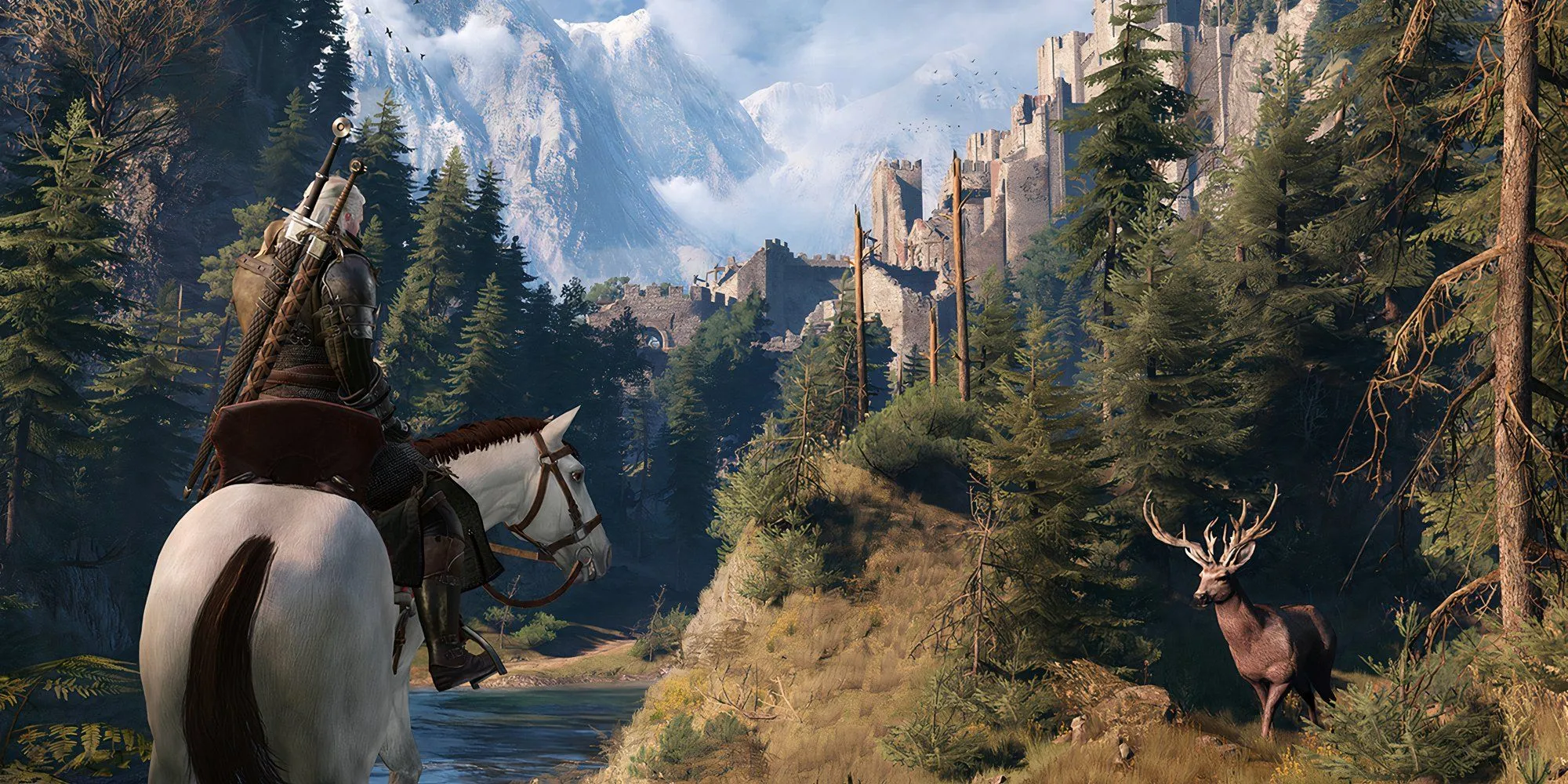 Geralt xứ Rivia trong The Witcher 3 cưỡi ngựa qua những con phố đông đúc người dân