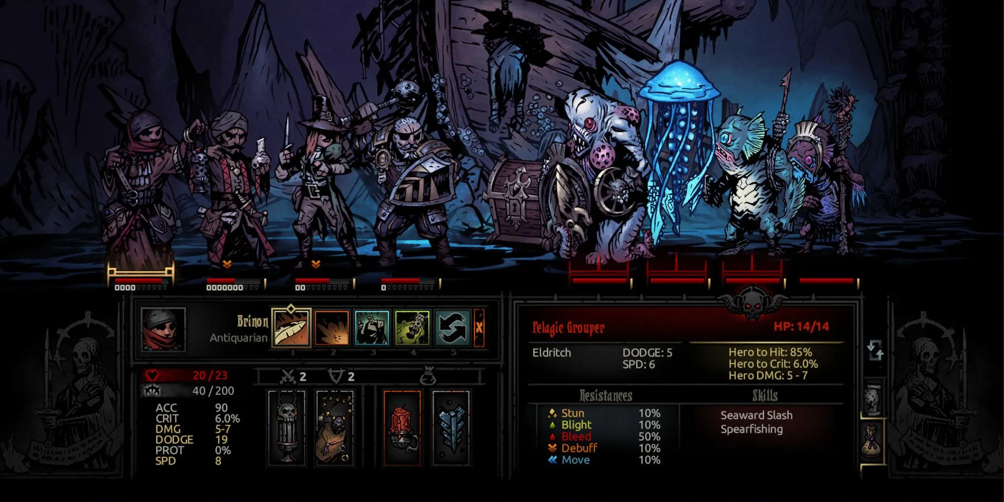 Top 10 Game Giống Bloodborne: Trải Nghiệm Đỉnh Cao Cho Fan 1 Giao diện chiến đấu theo lượt căng thẳng trong Darkest Dungeon với các nhân vật đối mặt quái vật