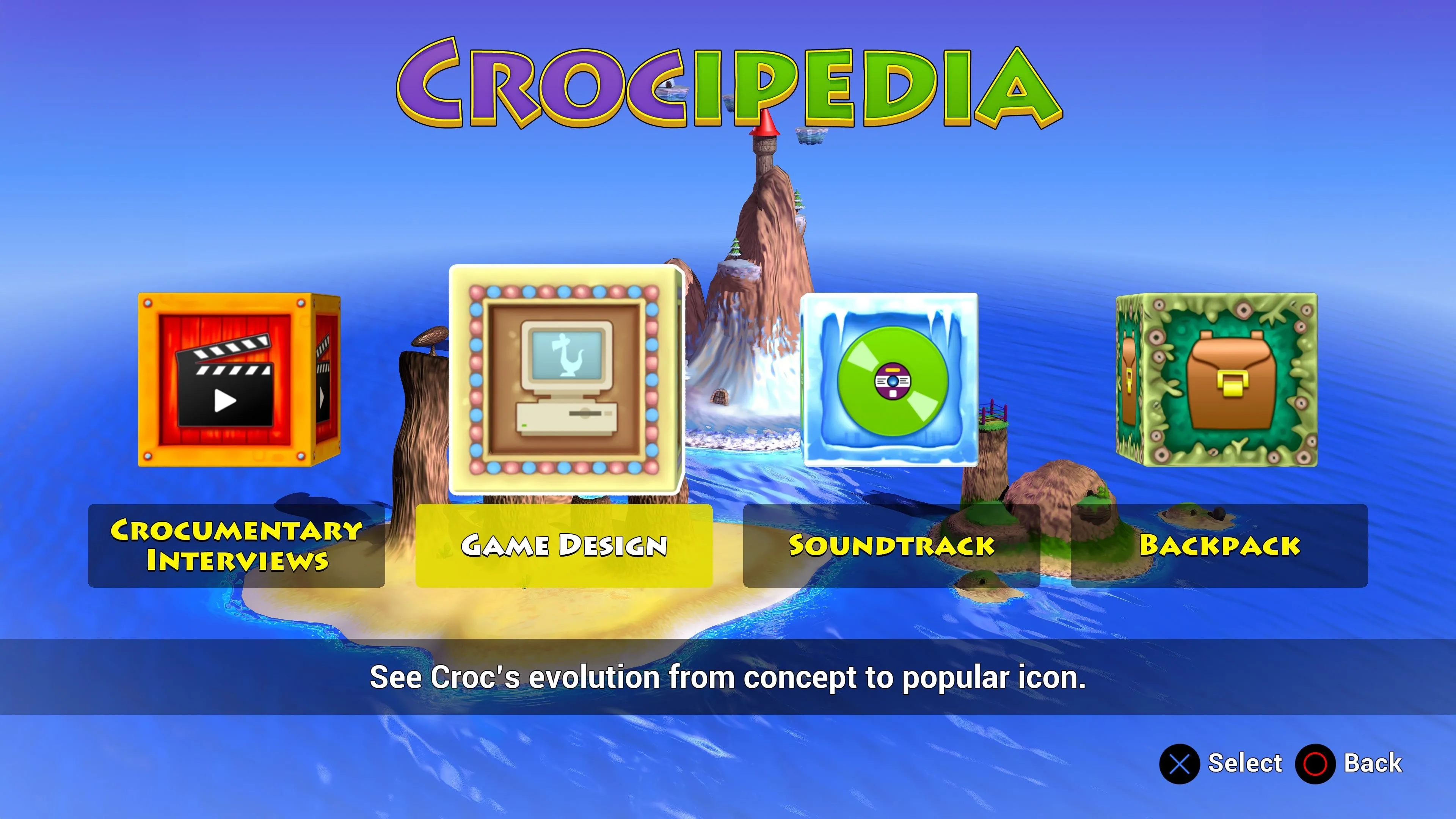 Giao diện Crocipedia trong Croc Remaster hiển thị thông tin lịch sử game
