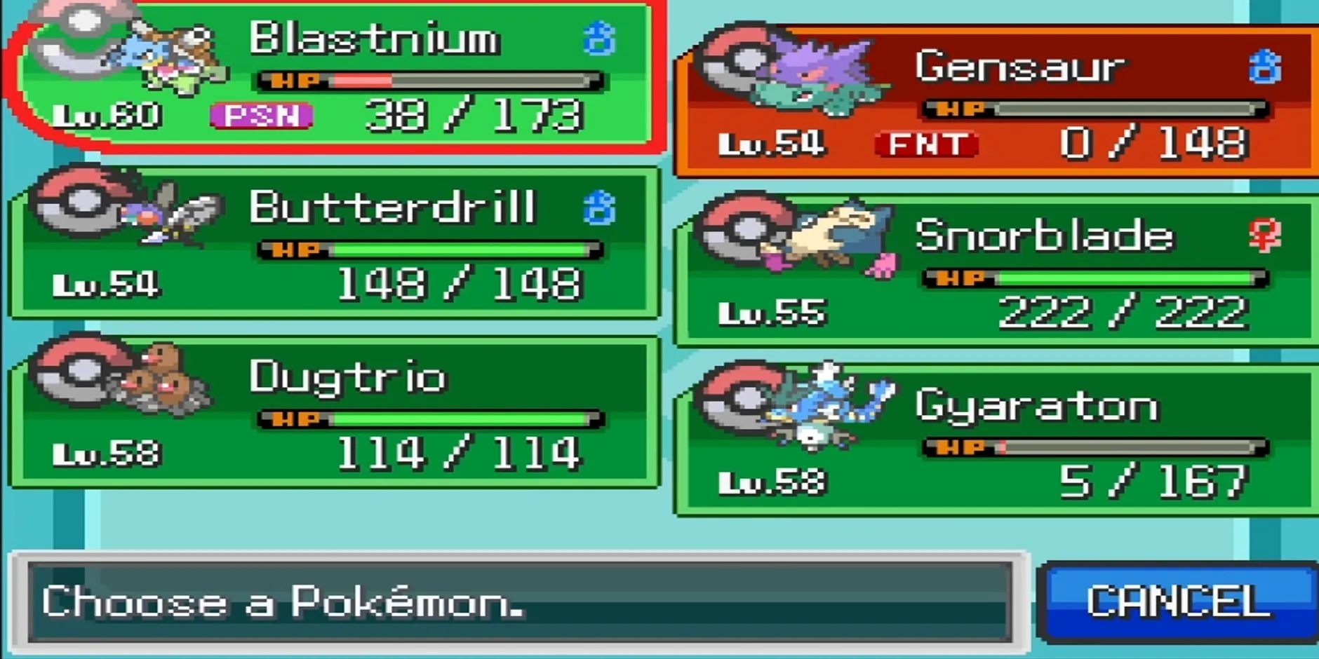 Giao diện đội hình hiển thị các Pokemon đã được kết hợp trong Pokemon Infinite Fusion