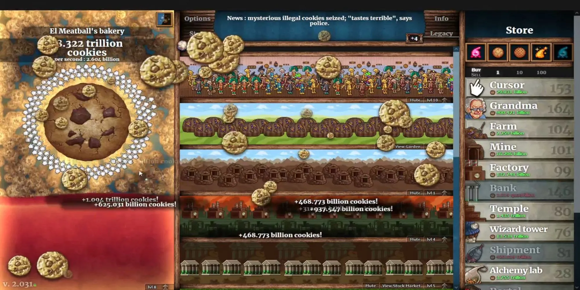 Giao diện game idle Cookie Clicker với chiếc bánh quy và các mục nâng cấp