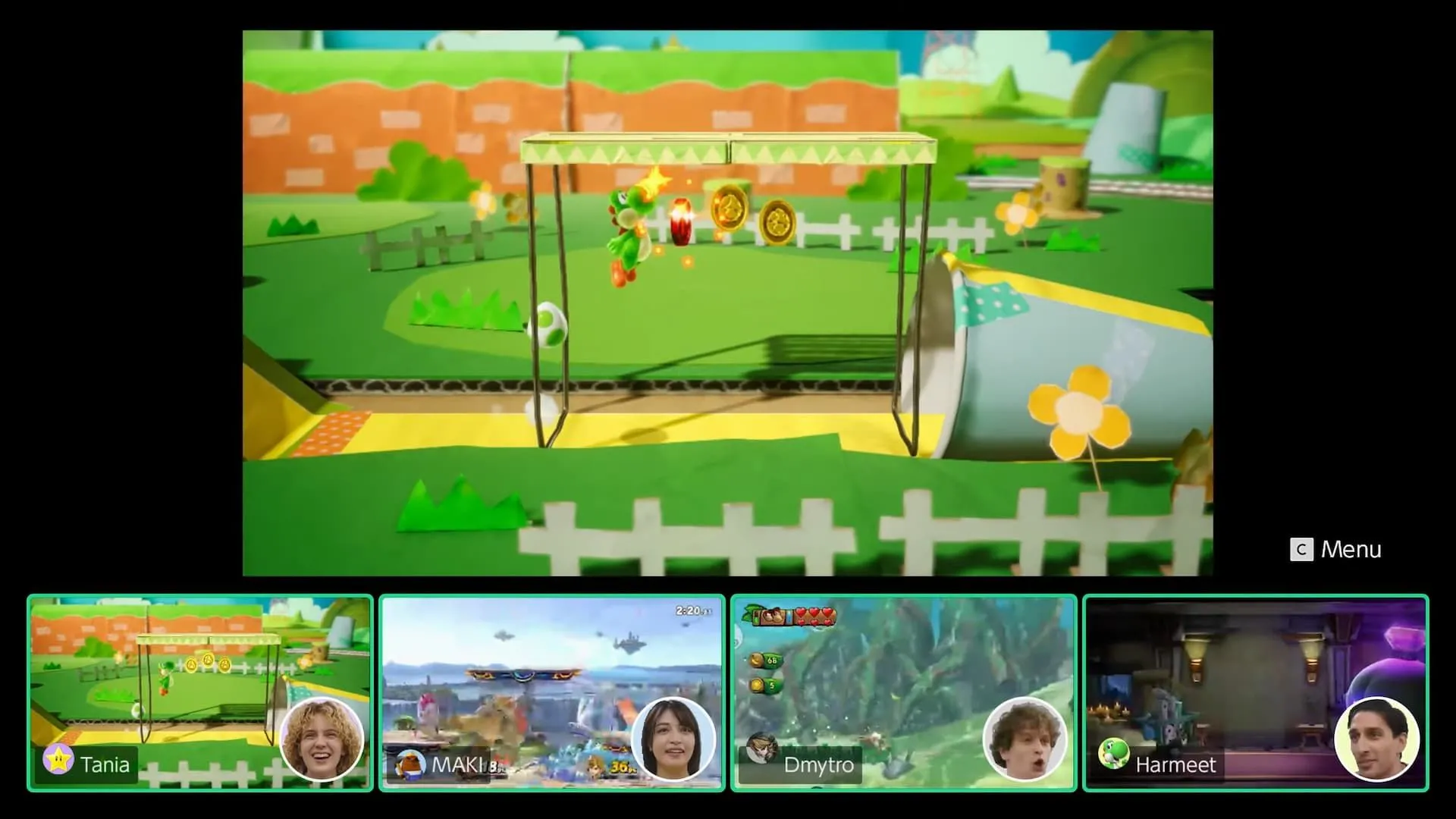 Giao diện GameChat trên Nintendo Switch 2 hiển thị cuộc gọi video với nhiều người tham gia và nhân vật Yoshi