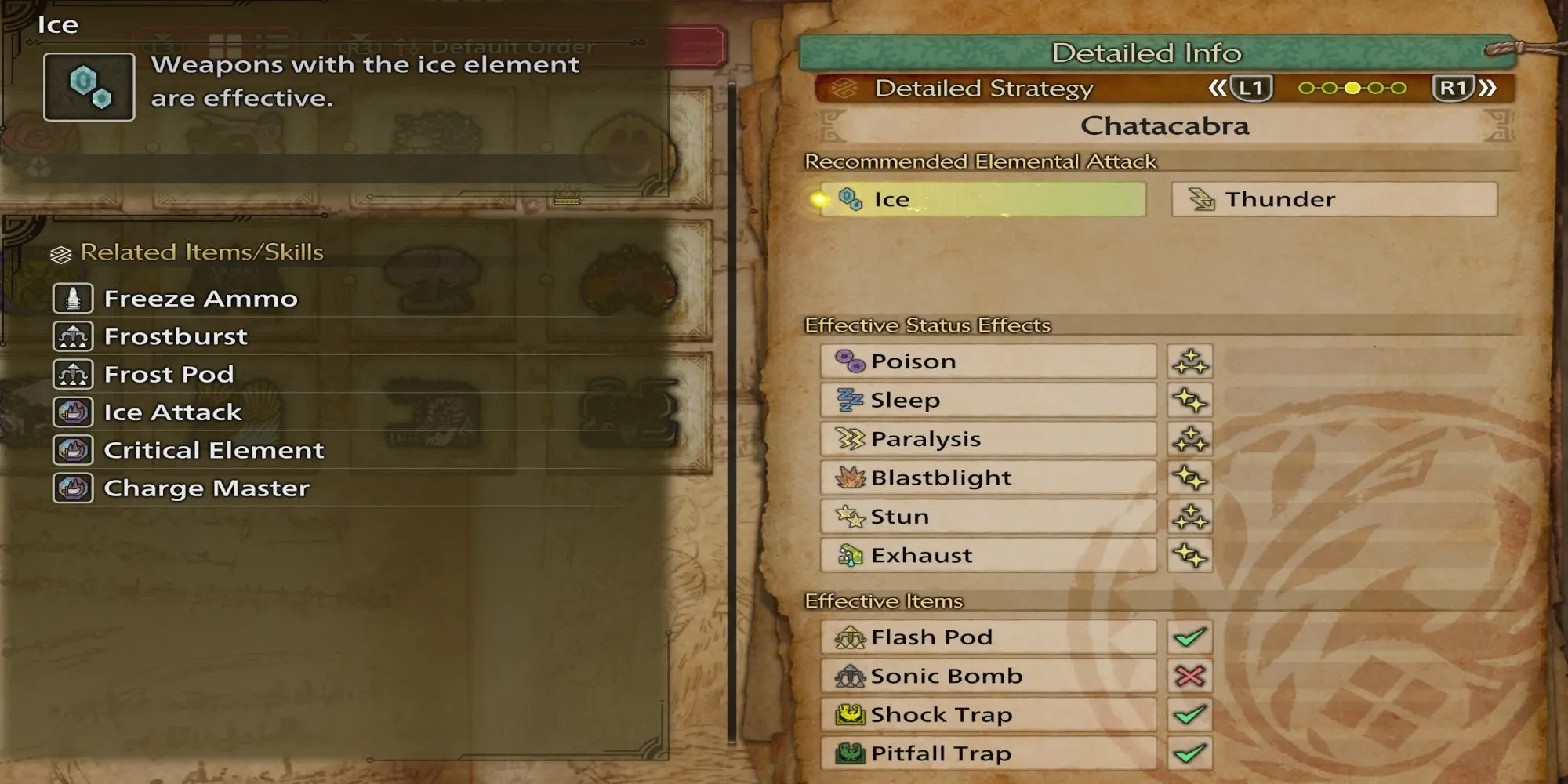 Giao diện hiển thị thông tin điểm yếu nguyên tố của quái vật Chatacabra trong Monster Hunter Wilds