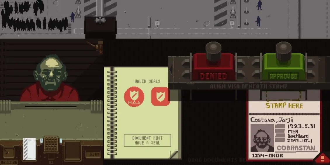 Giao diện kiểm tra giấy tờ tại trạm kiểm soát biên giới trong Papers, Please