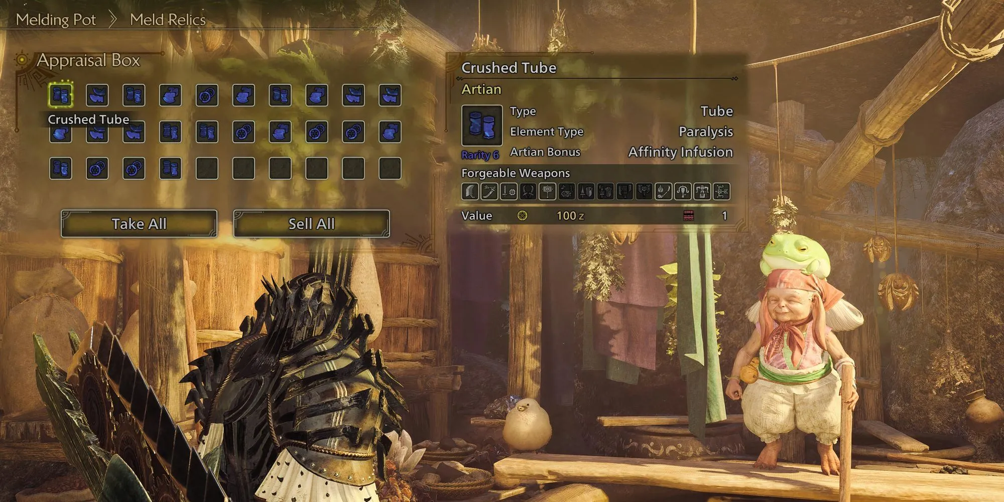 Giao diện Nồi Luyện Kim trong Monster Hunter Wilds, nơi người chơi có thể chế tạo Nguyên liệu Artian từ các vật phẩm thu thập được.