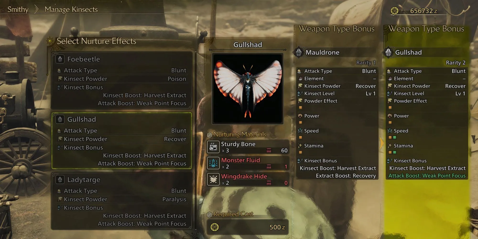 Giao diện nuôi Kinsect bằng Monster Fluid trong Monster Hunter Wilds với các chỉ số