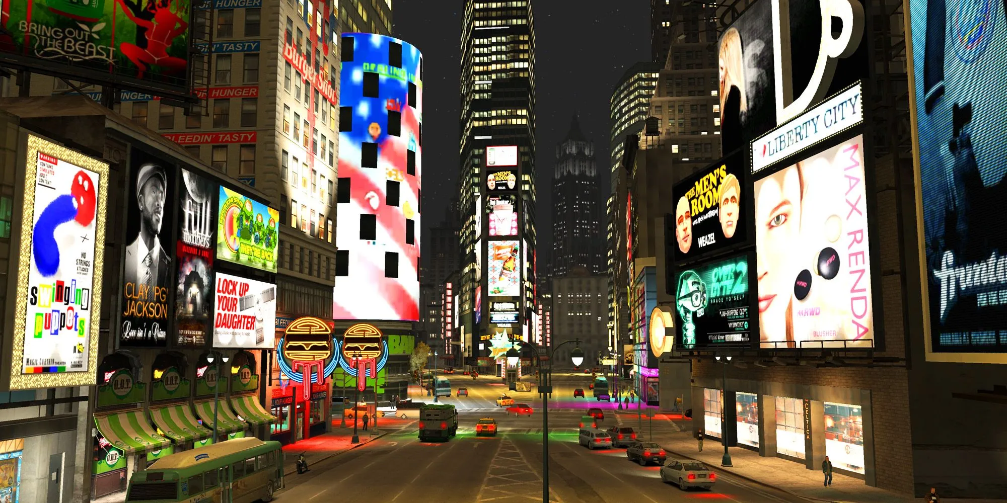 Giao lộ Star Junction rực rỡ ánh đèn quảng cáo ở Liberty City, mô phỏng Times Square