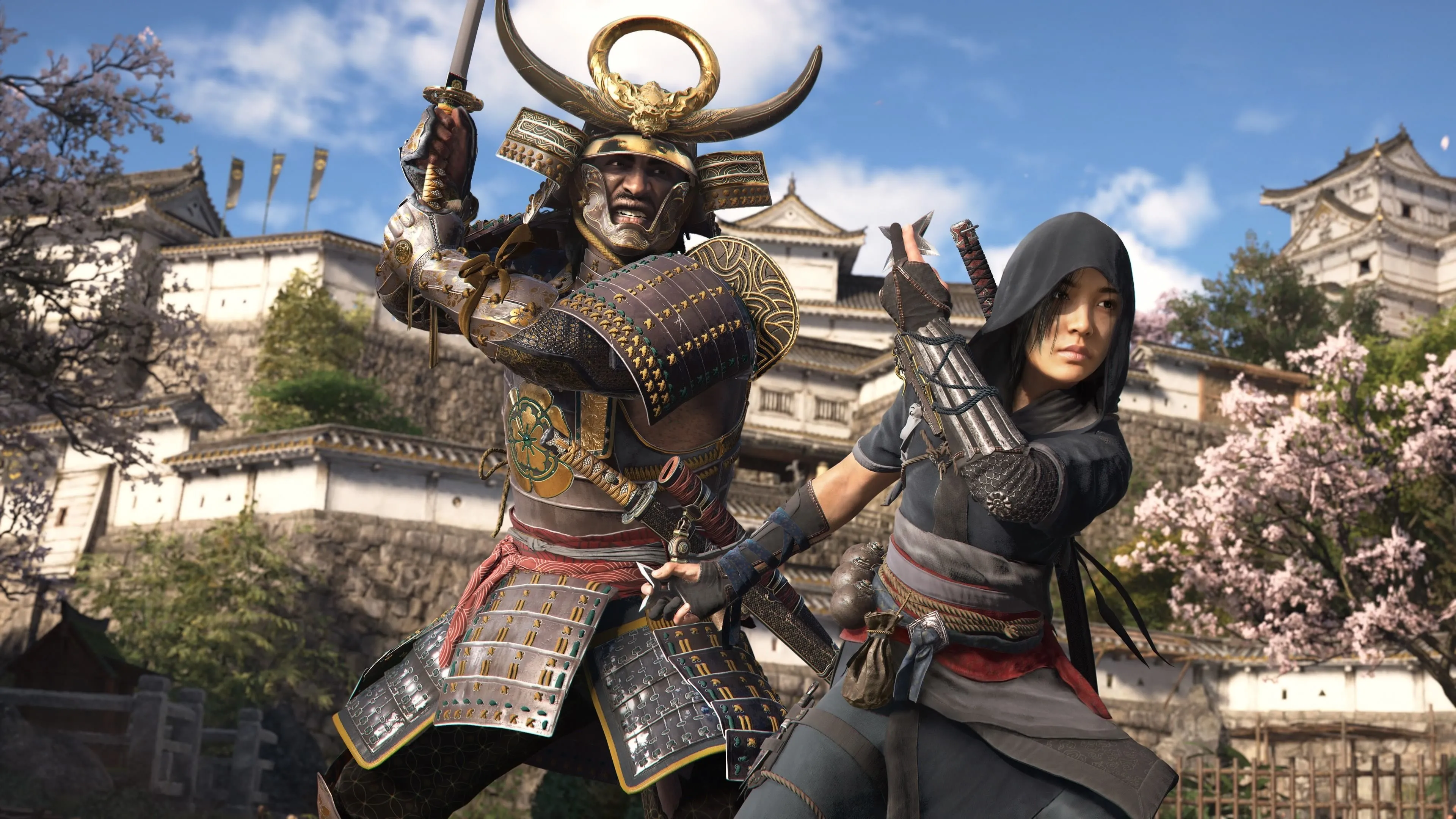 Hai nhân vật chính Yasuke và Naoe trong một cảnh game Assassin's Creed Shadows