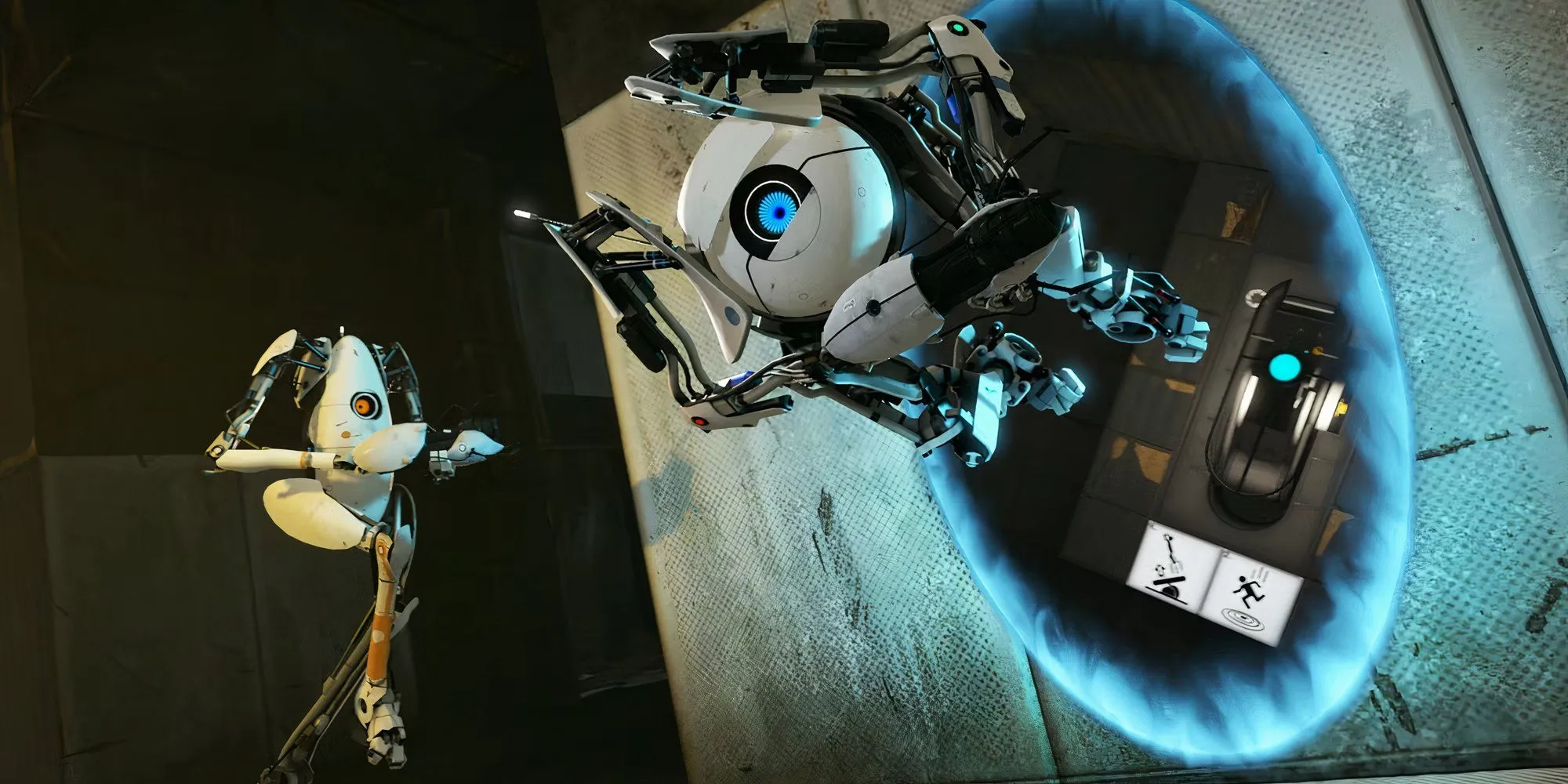 Hai robot trong Portal 2 nhảy ra từ một cánh cổng dịch chuyển