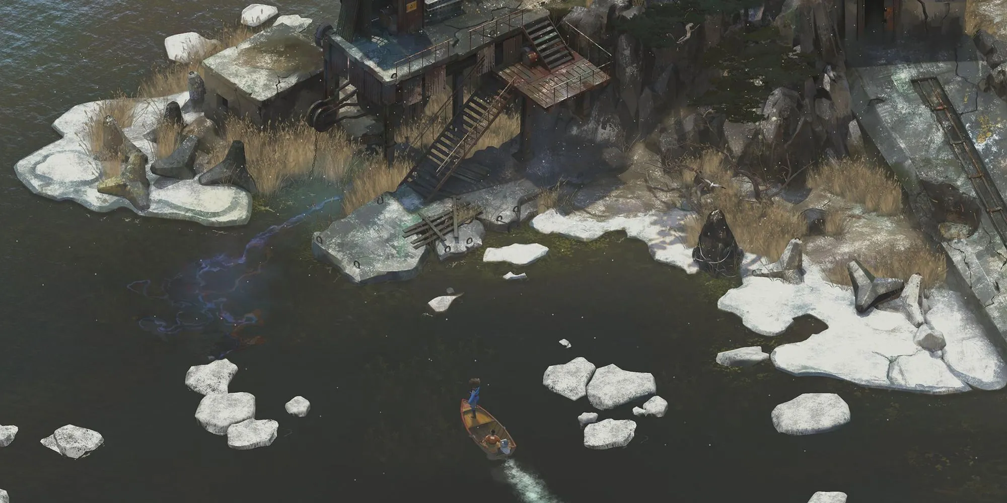 Harry Du Bois và Kim Kitsuragi di chuyển bằng thuyền trong Disco Elysium