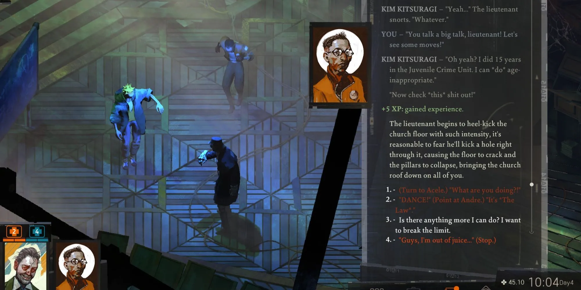 Harry DuBois đứng trước một tòa nhà đổ nát trong khu vực Martinaise của Disco Elysium