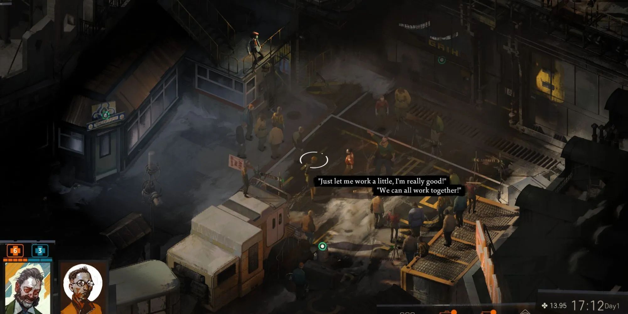 Harry DuBois trong một tình huống căng thẳng tại Disco Elysium