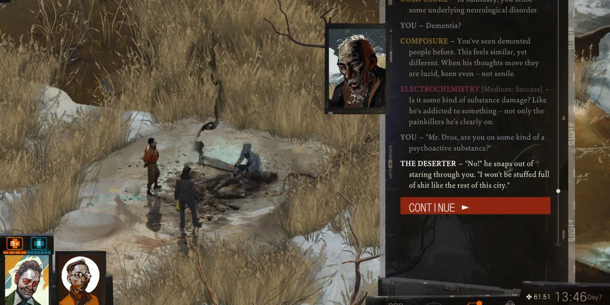 Harry DuBois và Kim Kitsuragi đứng trước một khung cảnh trong Disco Elysium