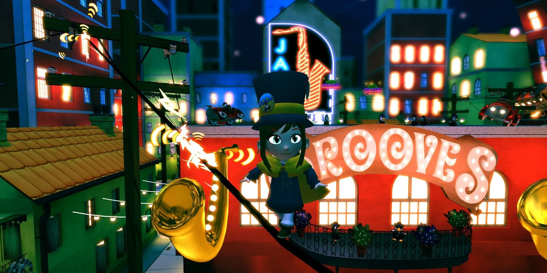 Hat Kid đang đi trên dây điện trong A Hat in Time, một cảnh tượng vui nhộn.