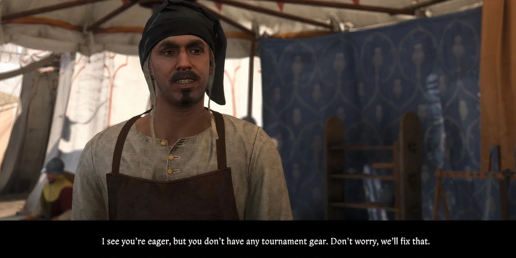 Henry nói chuyện với thợ rèn của giải đấu để nhận trang bị thi đấu trong Kingdom Come Deliverance 2