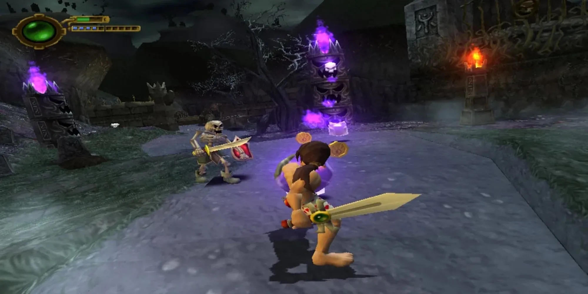 Hiệp sĩ Maximo trong bộ giáp đối mặt với bộ xương trong game Maximo: Ghosts to Glory