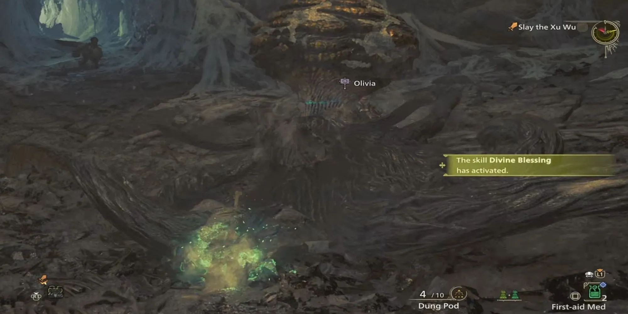 Hiệu ứng kỹ năng Divine Blessing kích hoạt trong Monster Hunter Wilds, giảm sát thương nhận vào