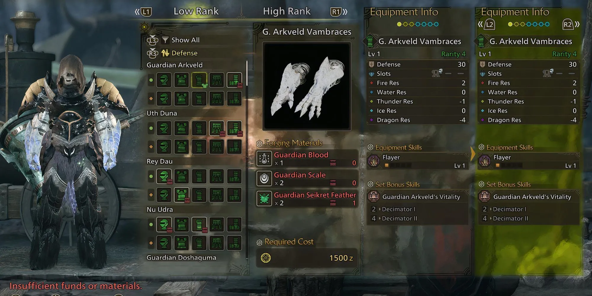 Hình ảnh cận cảnh G. Arkveld Vambraces, trang bị chế tạo từ Guardian Seikret Feather trong Monster Hunter Wilds, nổi bật với thiết kế mạnh mẽ.