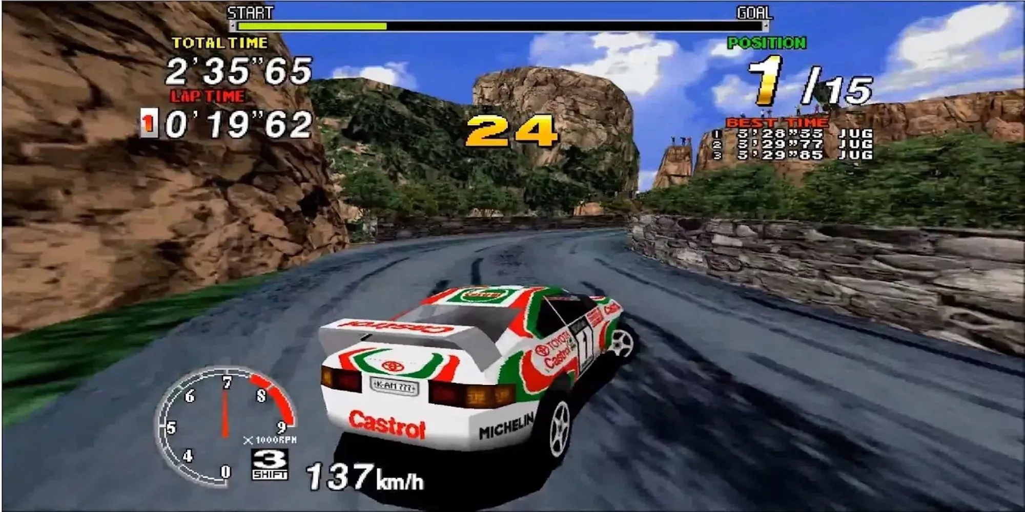 Hình ảnh chiếc xe đua trong game Sega Rally Championship cổ điển đang drift trên đường đua sa mạc