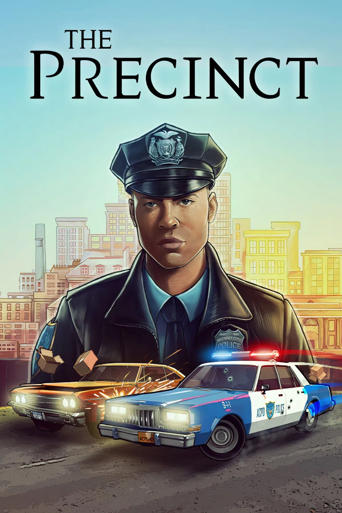 Hình ảnh collage từ game The Precinct mô tả thế giới mở Averno City và lối chơi cảnh sát