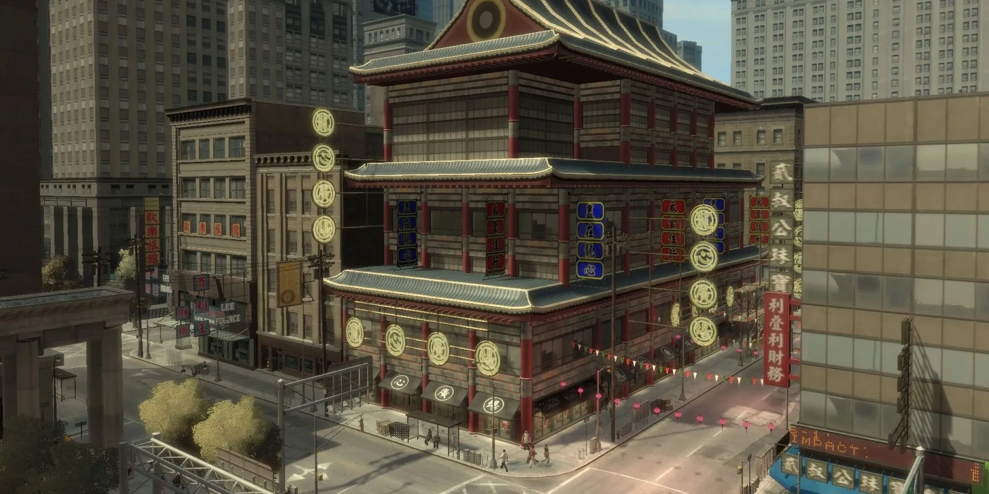 Hình ảnh khu phố Chinatown đặc trưng ở Liberty City với đèn lồng đỏ và kiến trúc phương Đông