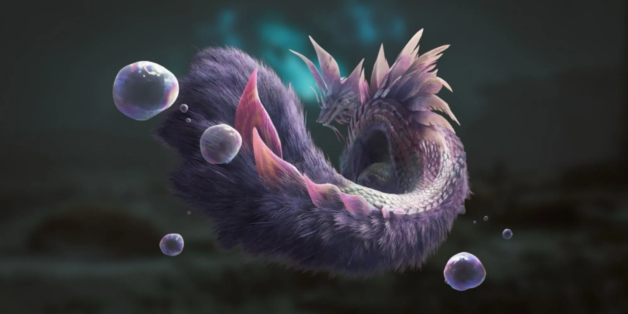 Hình ảnh quái vật Mizutsune trơn trượt trong Monster Hunter Wilds với bộ lông màu tím và trắng