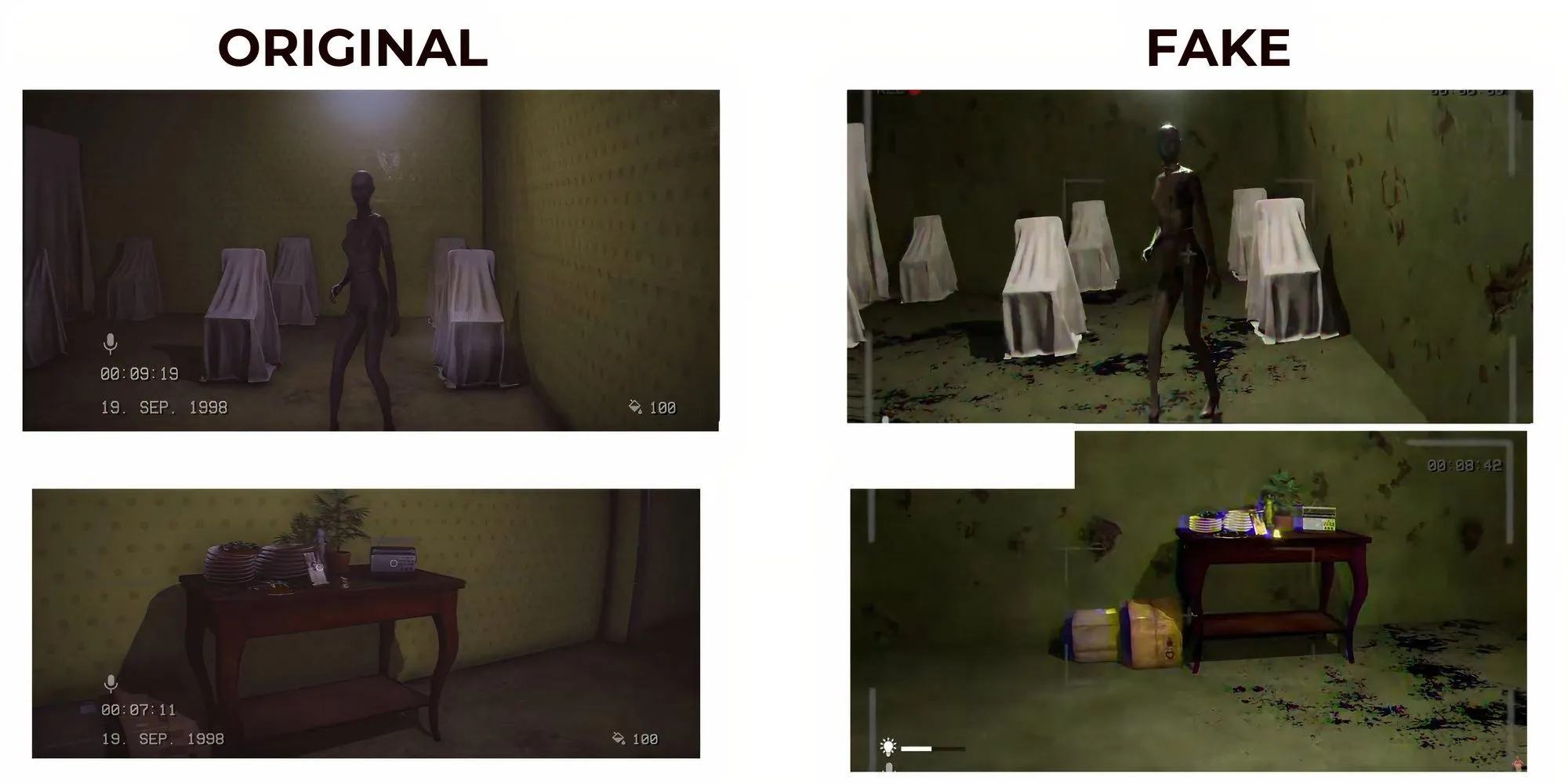 Hình ảnh so sánh game The Backrooms 1998 gốc và bản nhái Backrooms Horror Escape trên Nintendo eShop