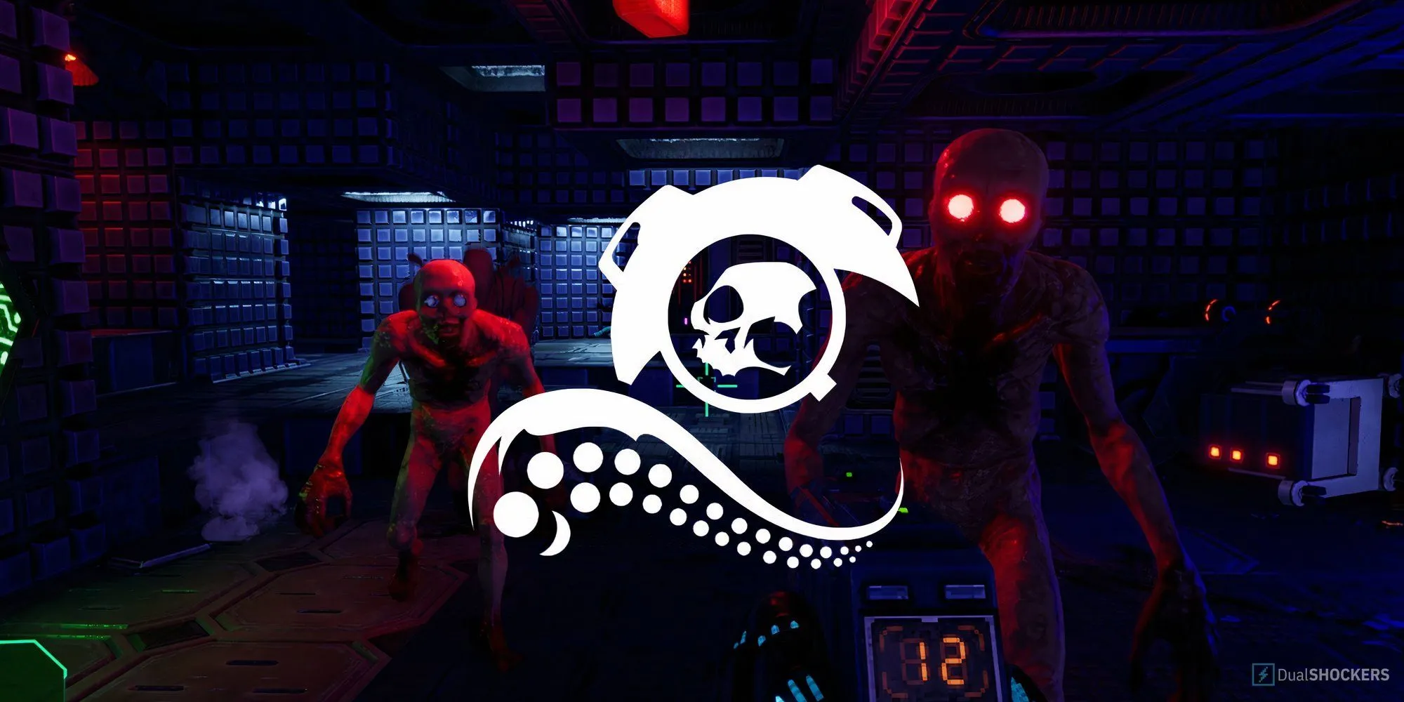 Hình ảnh từ System Shock Remake với logo Nightdive Studios và các dị nhân mắt đỏ