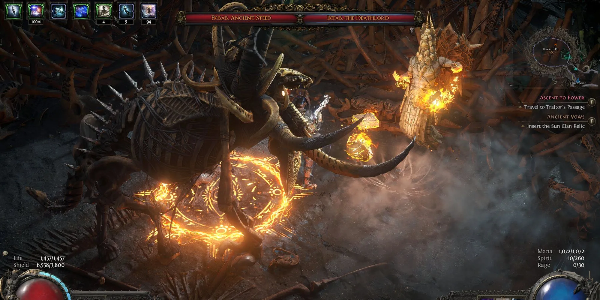 Iktab, The Deathlord cưỡi Ekbab, The Ancient Steed trong trận đấu đôi tại Path of Exile II Act 2