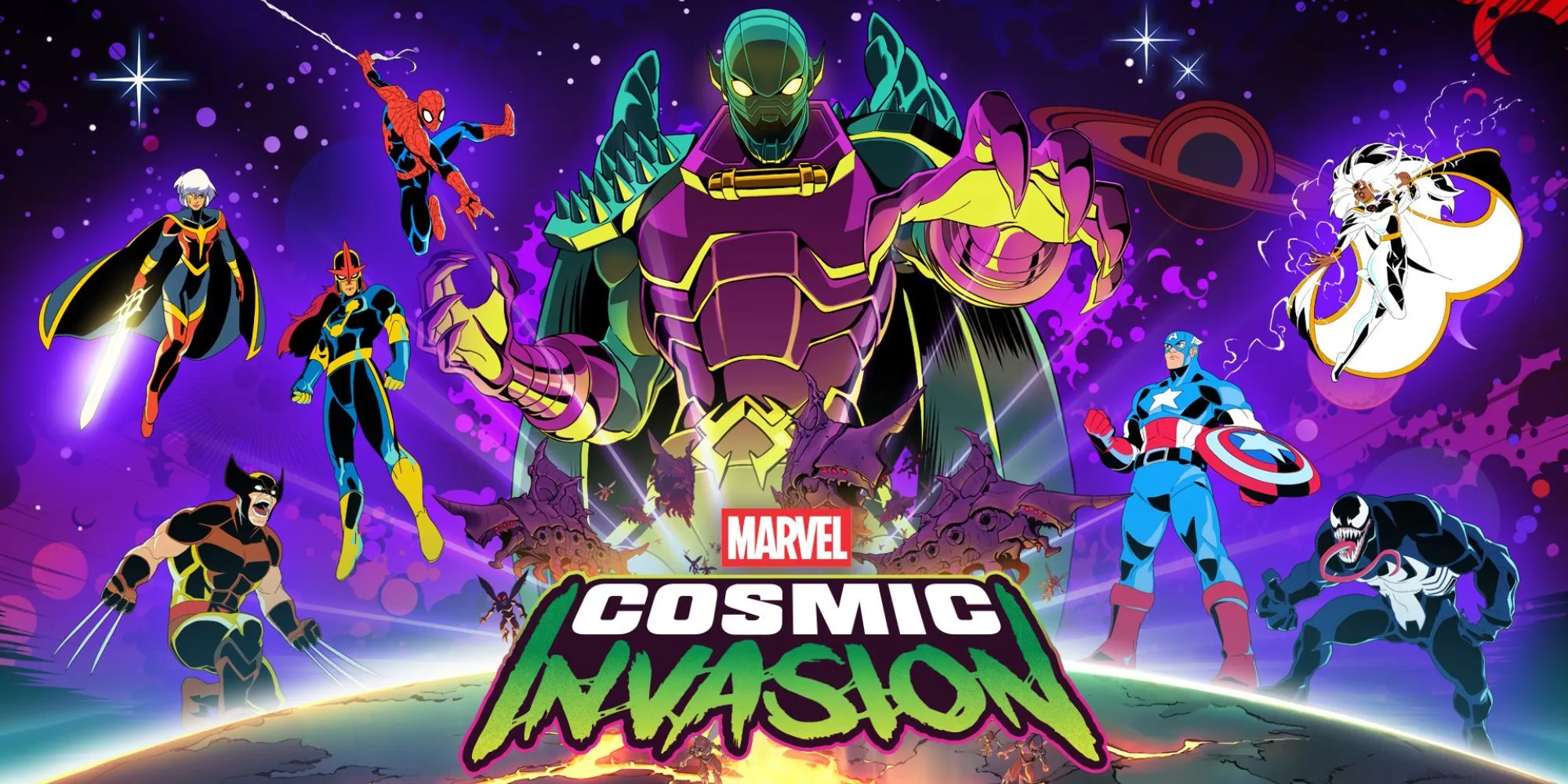 Key art game Marvel Cosmic Invasion với các siêu anh hùng Spider-Man, Captain America, Nova, Wolverine, Venom, Storm, Phyla-Vel và Annihilus ở trung tâm