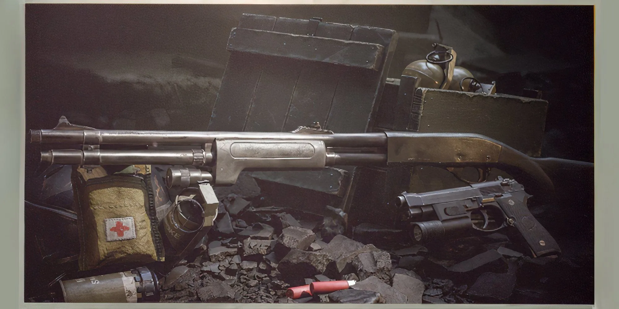 Khẩu shotgun M870 với đèn pin gắn dưới nòng trong game Delta Force Black Hawk Down.