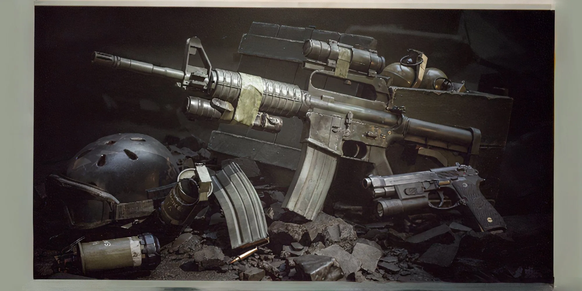 Khẩu súng trường tấn công Colt 723 (CAR-15) với ống ngắm chấm đỏ và sơn ngụy trang trong Delta Force Black Hawk Down.