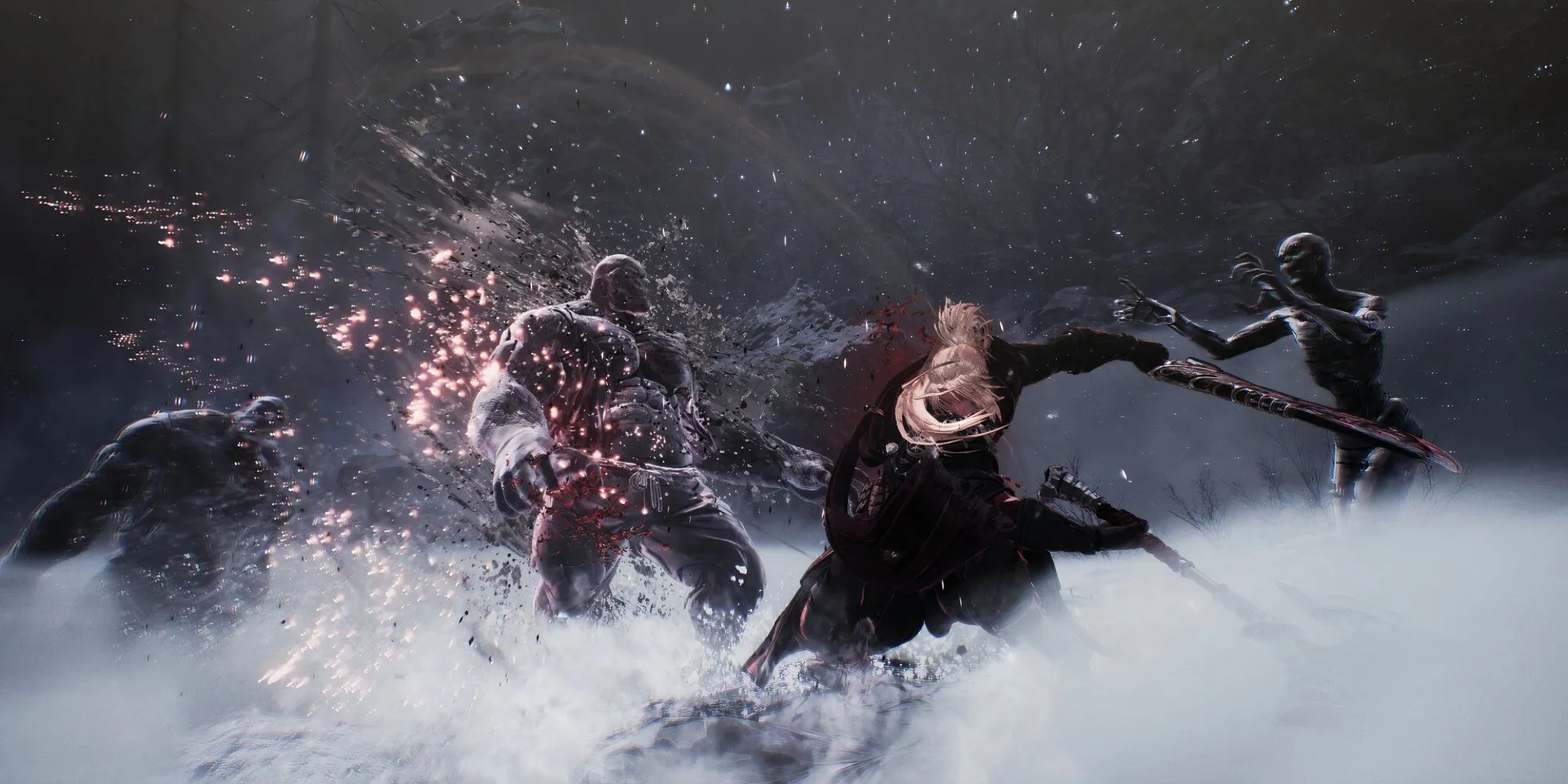 Khazan chiến đấu với kẻ địch trong một hành lang hẹp của The First Berserker Khazan