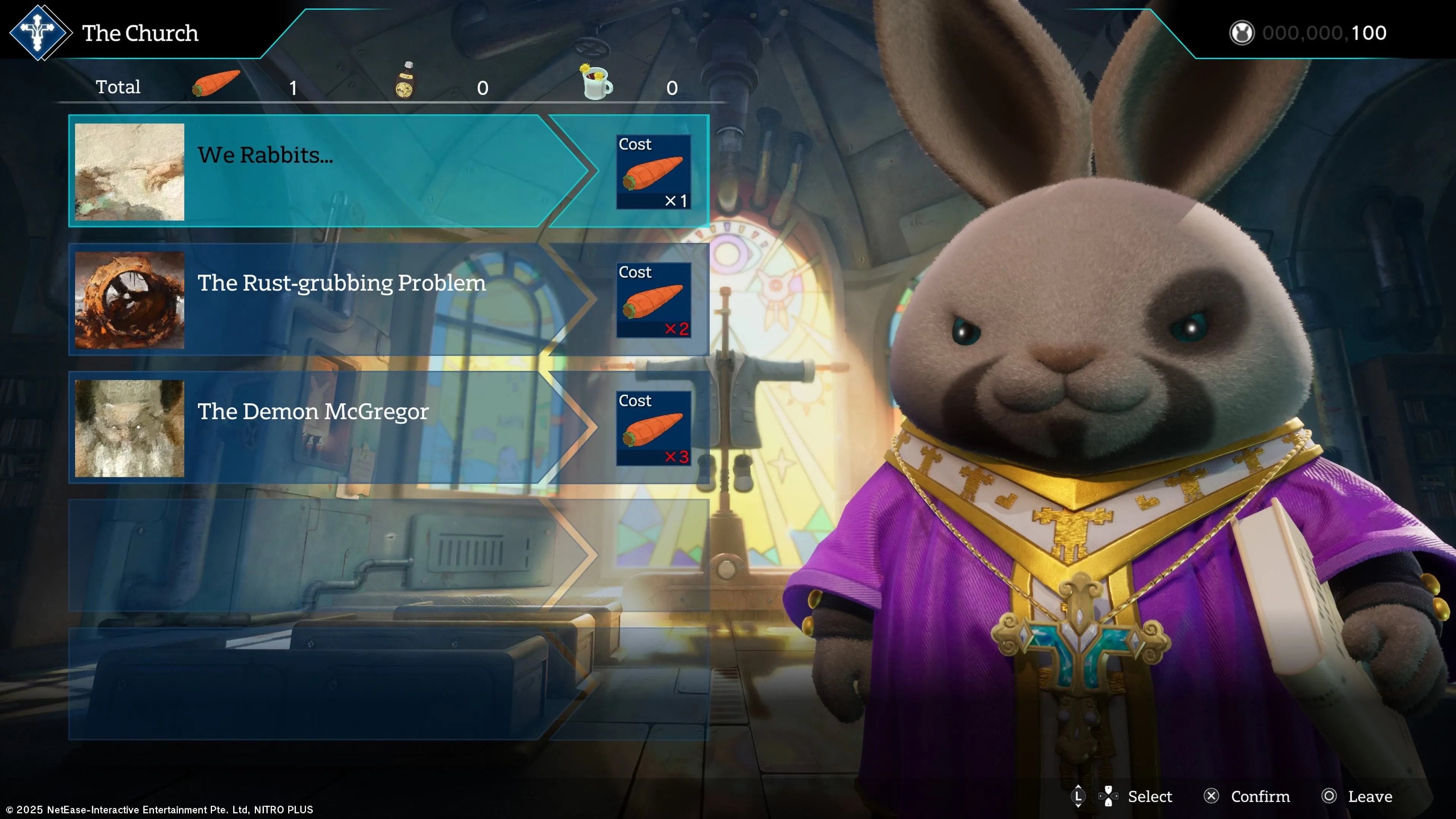 Khung cảnh bên trong một nhà thờ trong game Rusty Rabbit, nơi người chơi có thể tìm hiểu về tín ngưỡng của các nhân vật thỏ