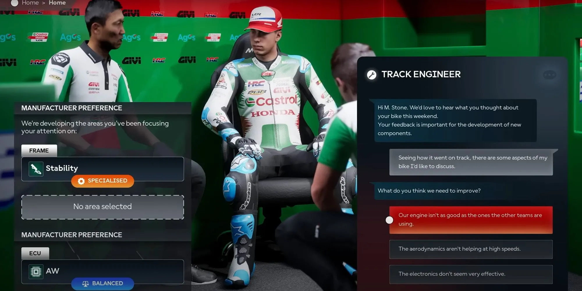 Khung cảnh buổi họp kỹ thuật (debrief) sau chặng đua trong MotoGP 25, thể hiện tính năng tương tác trong career mode.