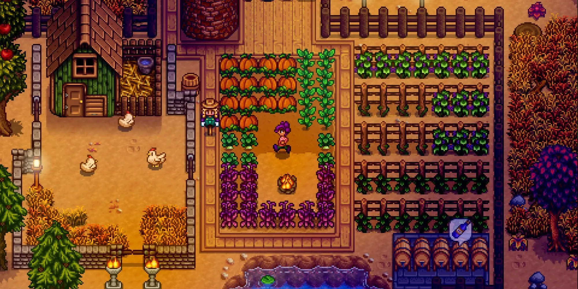 Khung cảnh một nông trại yên bình trong Stardew Valley với nhà cửa, cây cối và đồng ruộng