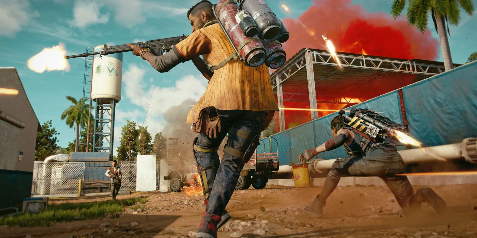 Khung cảnh thế giới mở rộng lớn trong Far Cry 6 với người chơi đang thực hiện nhiệm vụ