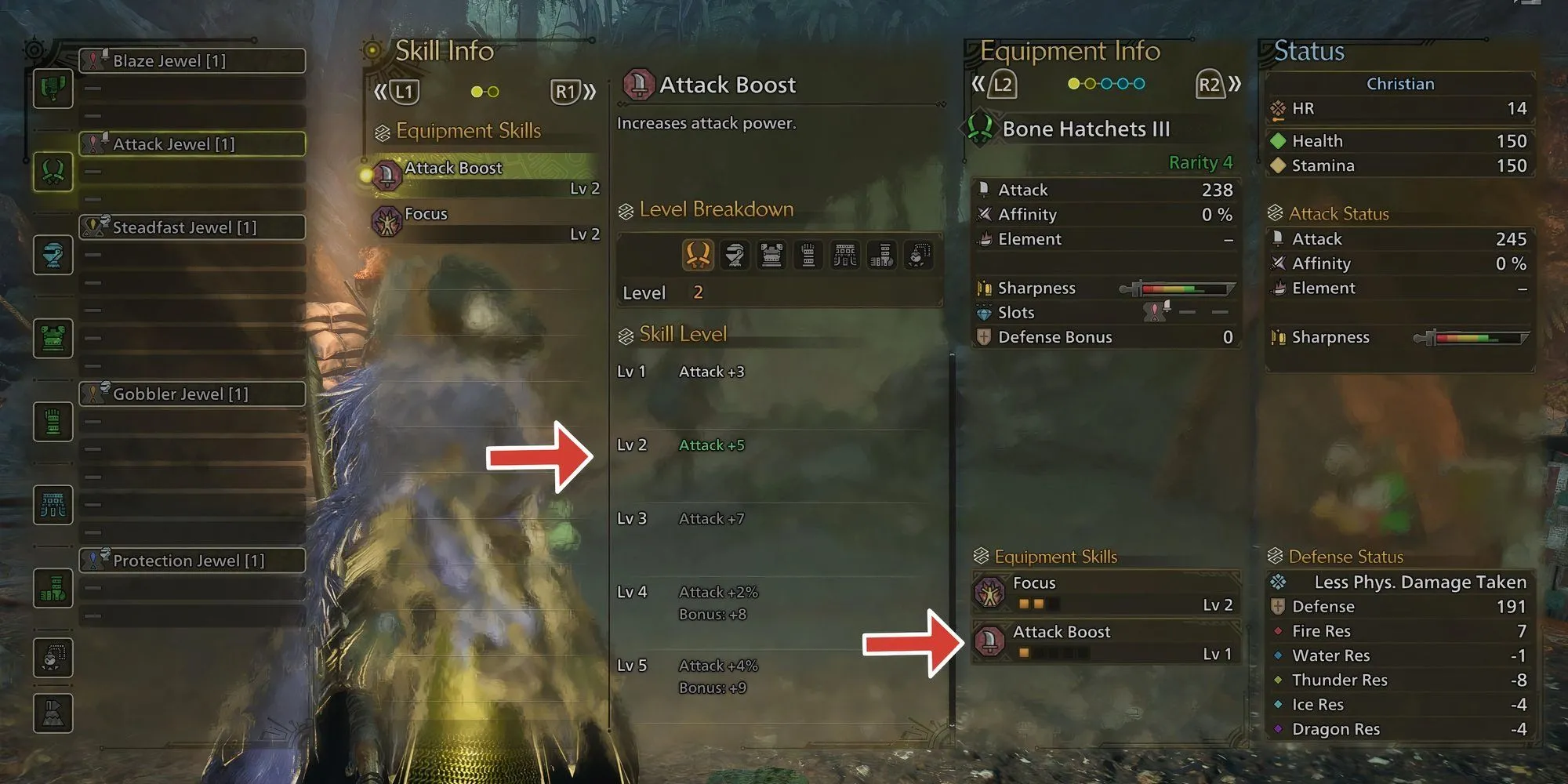 Kiểm tra thông tin cấp độ kỹ năng trang bị tổng thể trong Monster Hunter Wilds