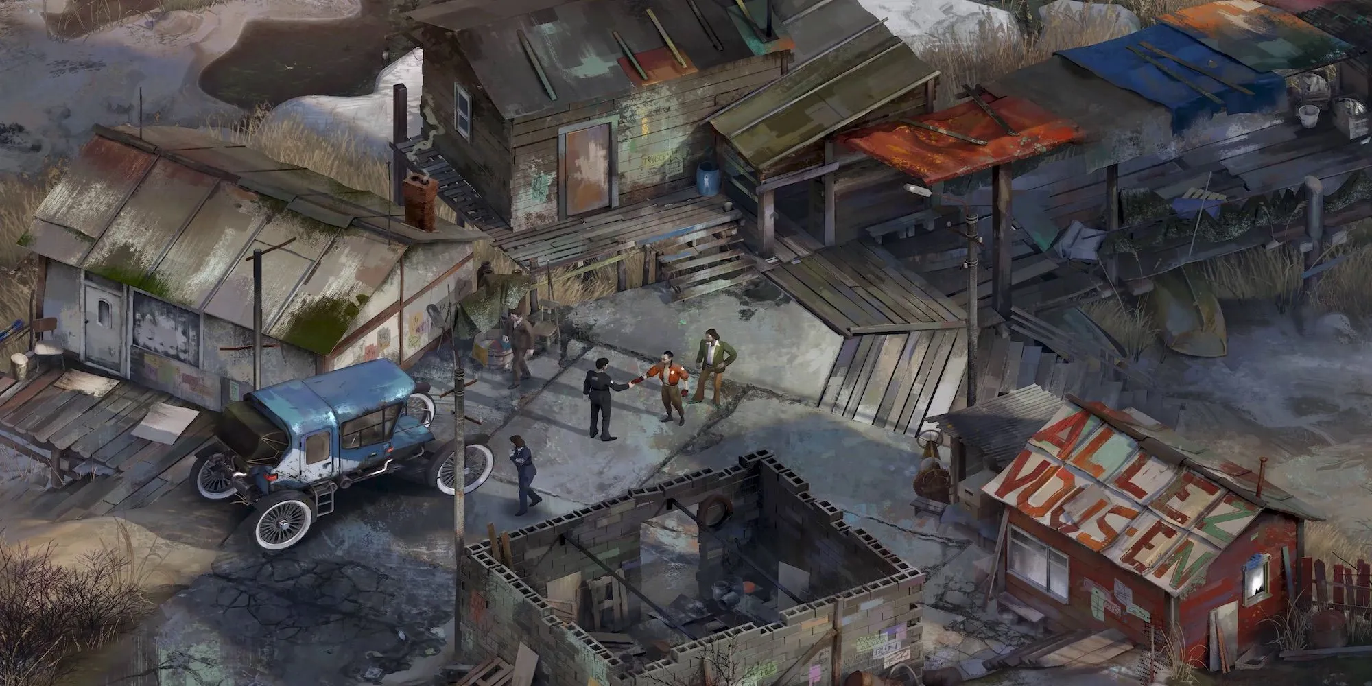 Kim Kitsuragi bắt tay một nhân vật trong Disco Elysium