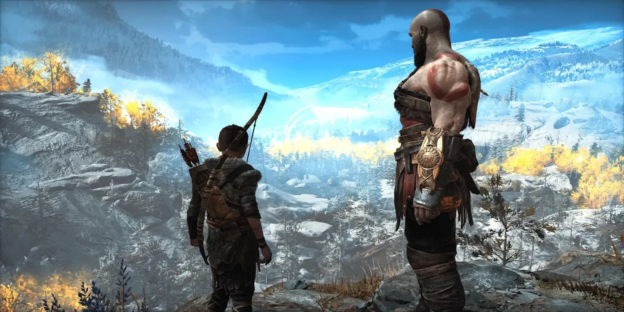 Kratos và Atreus nhìn ra vách đá trong God of War 2018