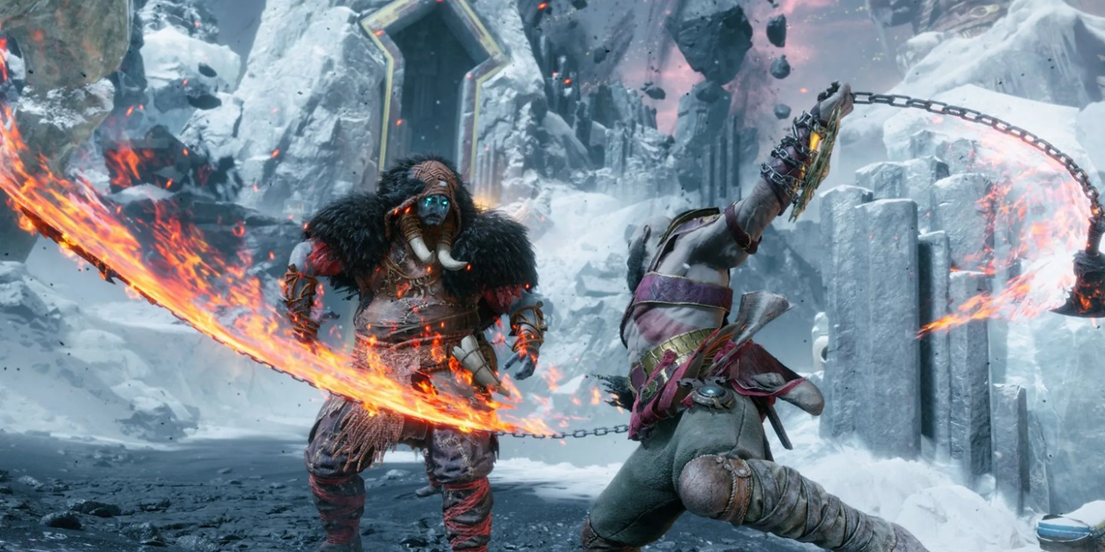 Kratos và Atreus trong một cảnh hùng vĩ của God of War Ragnarök, chi tiết hơn nhờ PS5 Pro