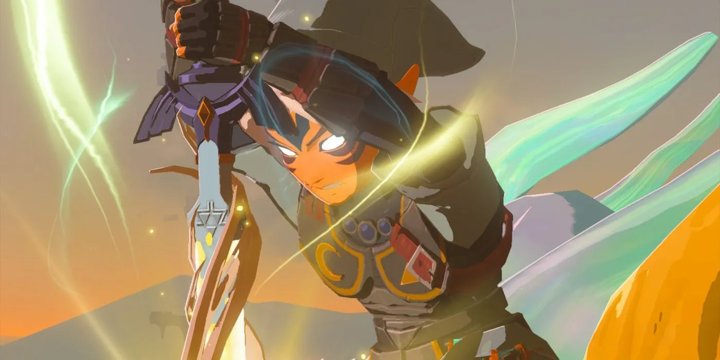 Link cưỡi rồng bay lượn cùng Master Sword trong Zelda Tears of the Kingdom trên Nintendo Switch 2