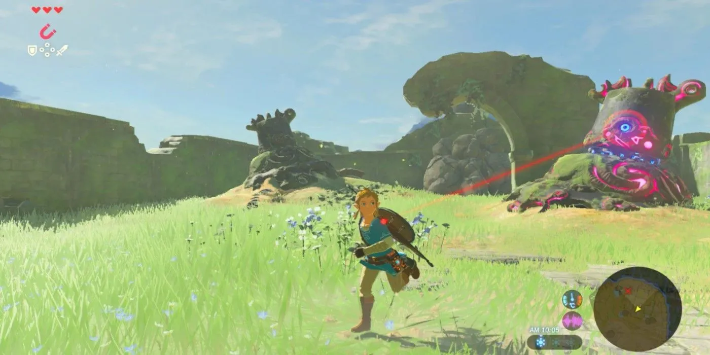 Link đang chạy trốn khỏi một Guardian đáng sợ trong The Legend of Zelda: Breath of the Wild